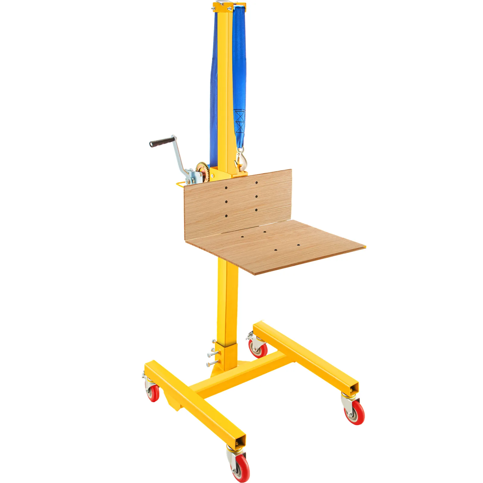 yellow VEVOR manual winch stacker with blue strap and wooden platform on red wheels.