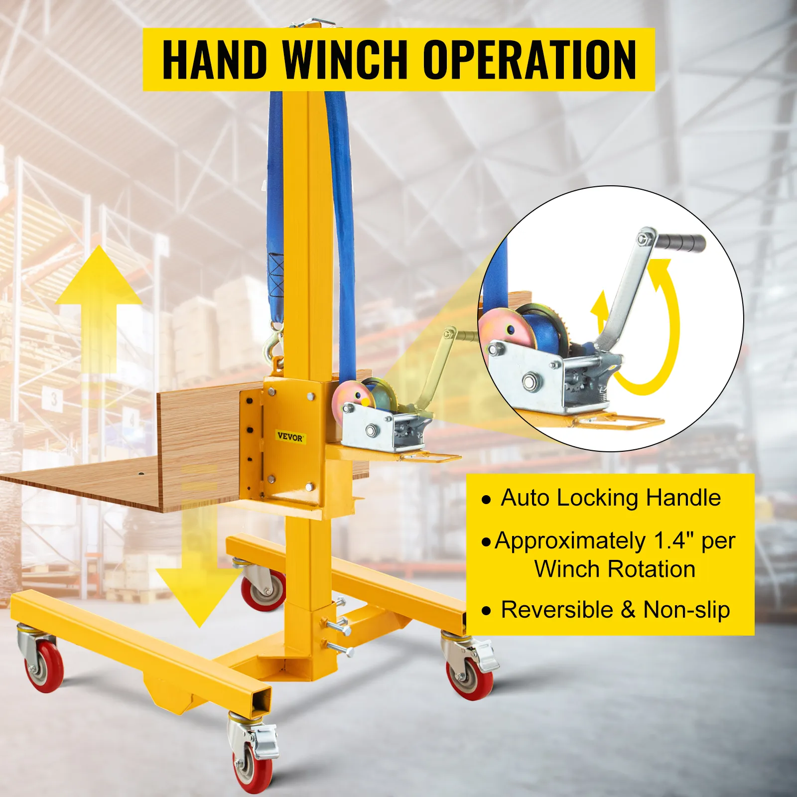 VEVOR manual winch stacker in warehouse with auto locking handle and non-slip features.