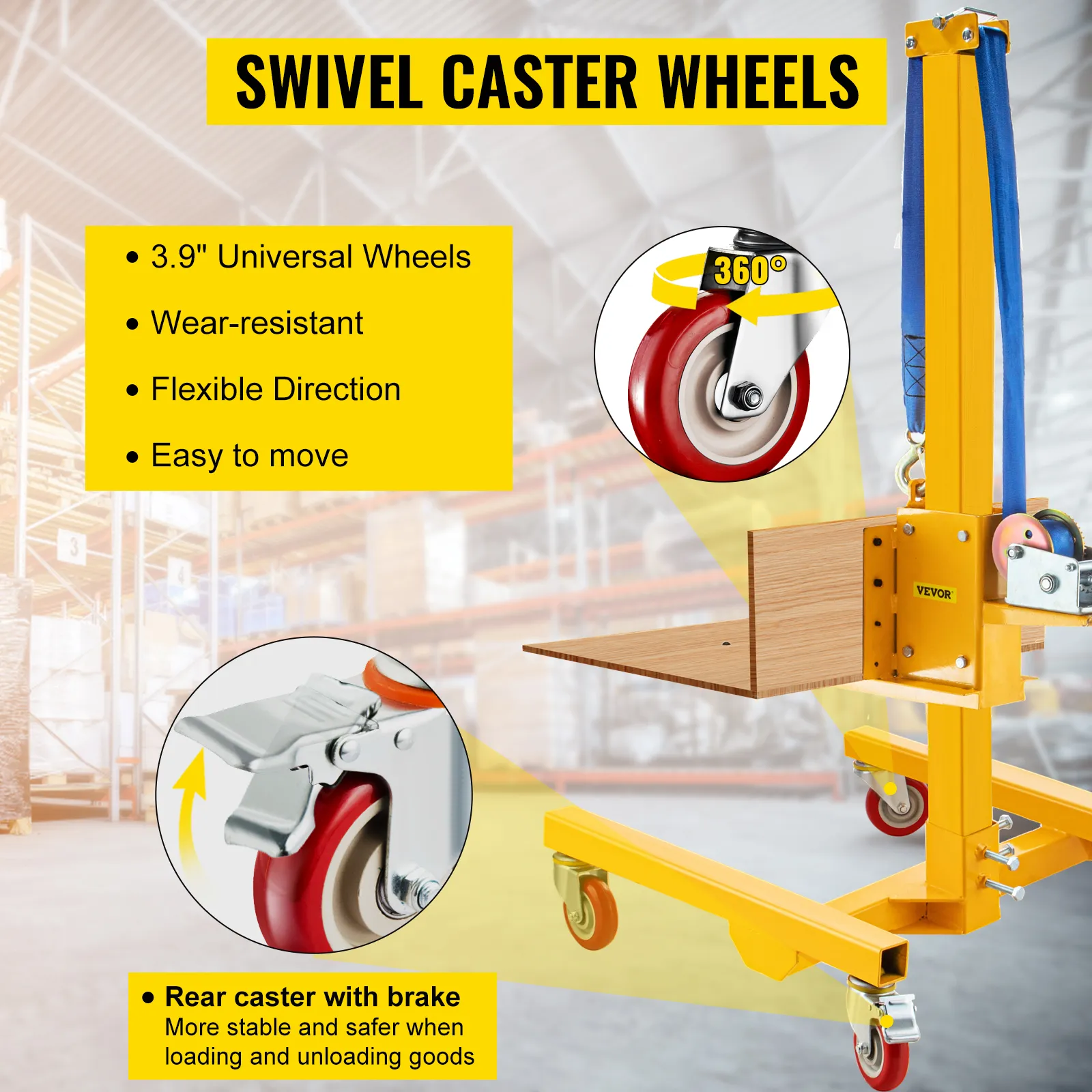 VEVOR manual winch stacker with swivel caster wheels, universal and wear-resistant.