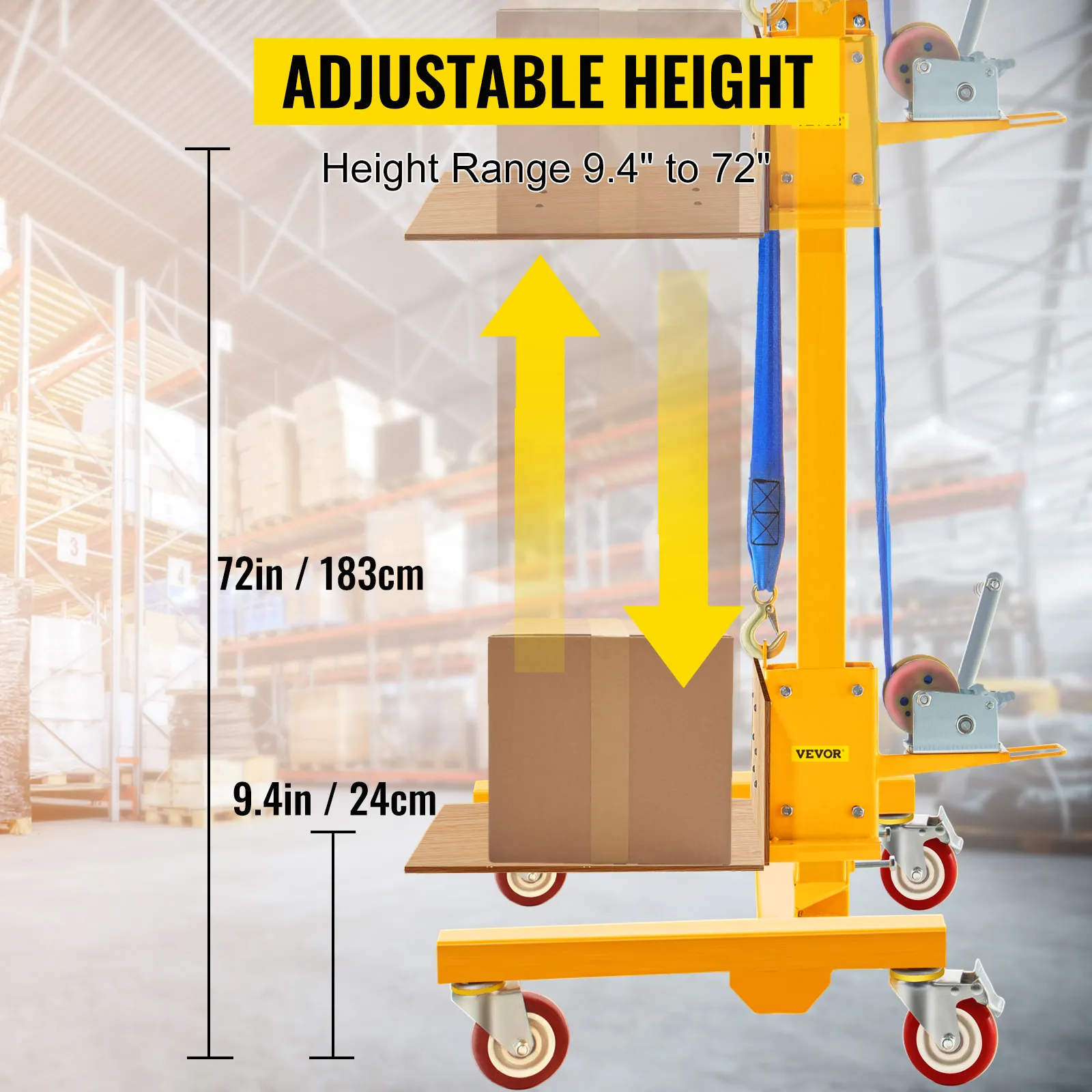 VEVOR manual winch stacker with adjustable height from 9.4" to 72".