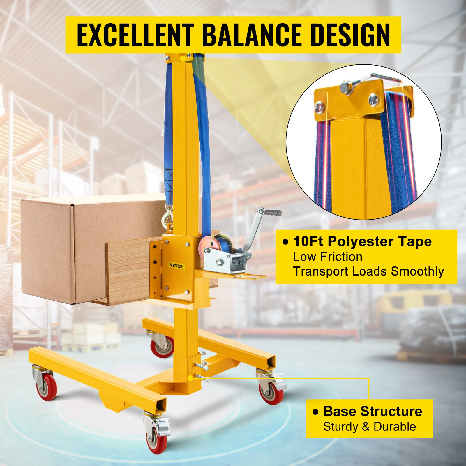 VEVOR manual winch stacker transporting a cardboard box with 10ft polyester tape.