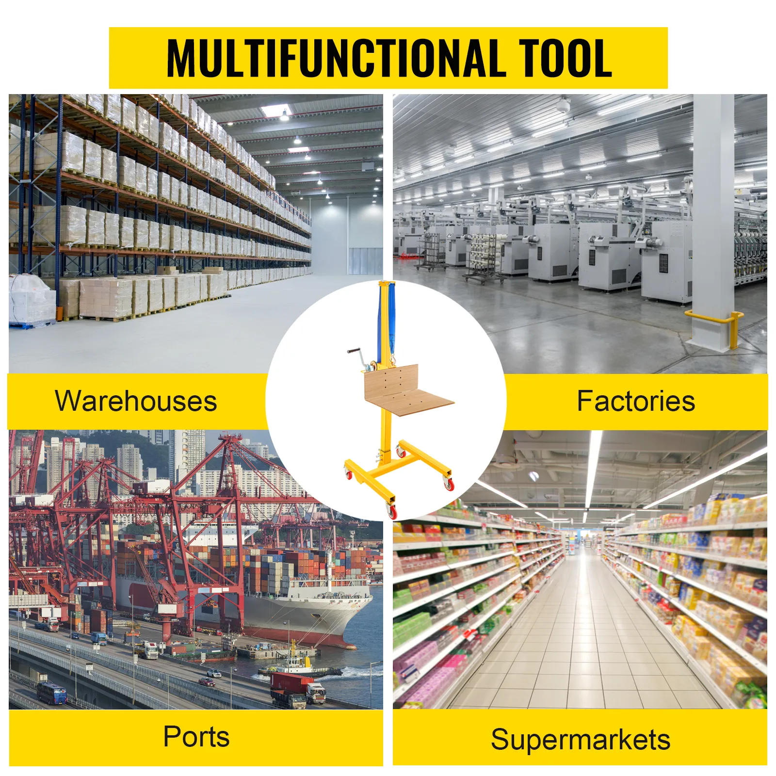 VEVOR manual winch stacker for warehouses, factories, ports, and supermarkets.