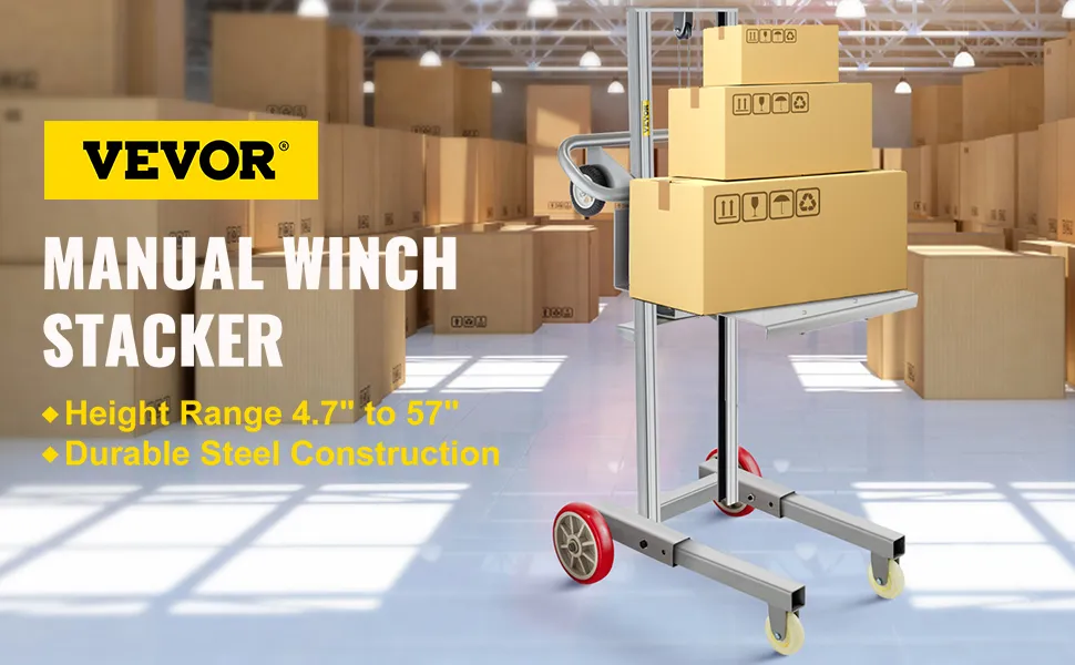 Apilador manual con cabrestante VEVOR que eleva cajas en un almacén; rango de altura de 4,7" a 57".
