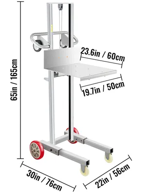 Dimensiones del apilador con cabrestante manual VEVOR: 65 pulgadas de alto, 22 pulgadas de ancho, 30 pulgadas de largo.
