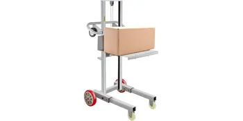 Apilador manual con cabrestante y ruedas rojas que levanta una caja de cartón. Apilador manual con cabrestante VEVOR