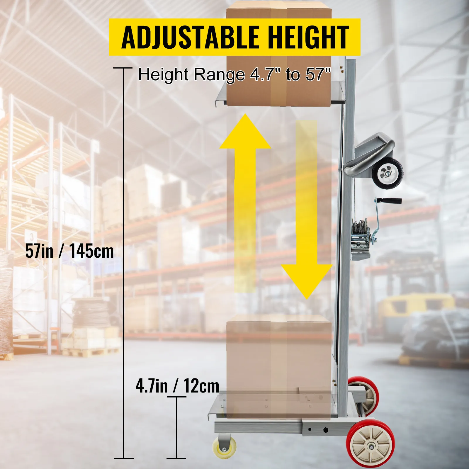 Apilador con cabrestante manual VEVOR con altura ajustable, de 4,7" a 57", en almacén.