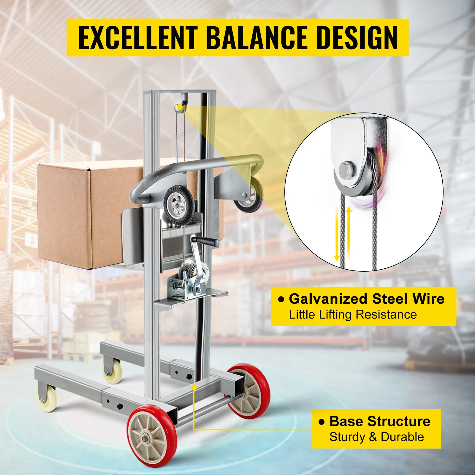 Apilador con cabrestante manual VEVOR con alambre de acero galvanizado y estructura de base robusta.
