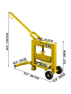 Gelbes VEVOR-Pflastersteinspaltwerkzeug mit Maßangaben in Zentimetern und Zoll.