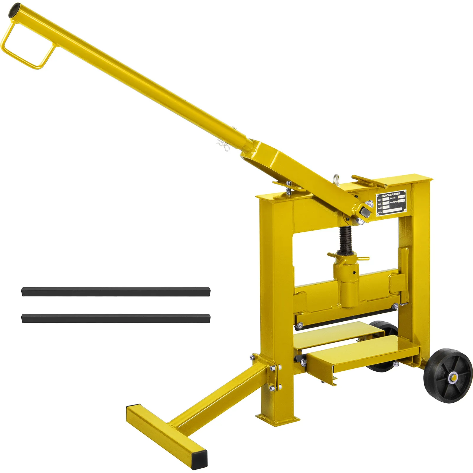 gelbes VEVOR Pflasterstein-Spaltwerkzeug mit langem Griff und zwei zusätzlichen schwarzen Stangen.