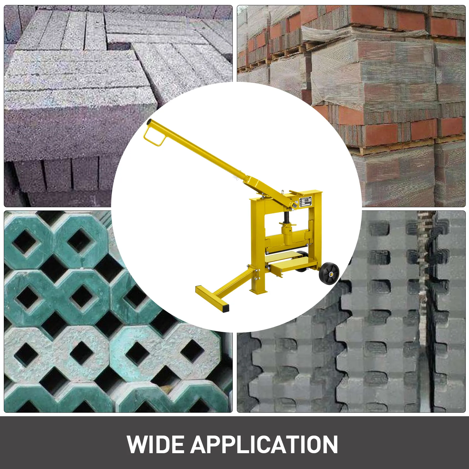 VEVOR-Pflastersteinspaltwerkzeug mit verschiedenen Pflastersteintypen demonstriert seine breite Anwendung.