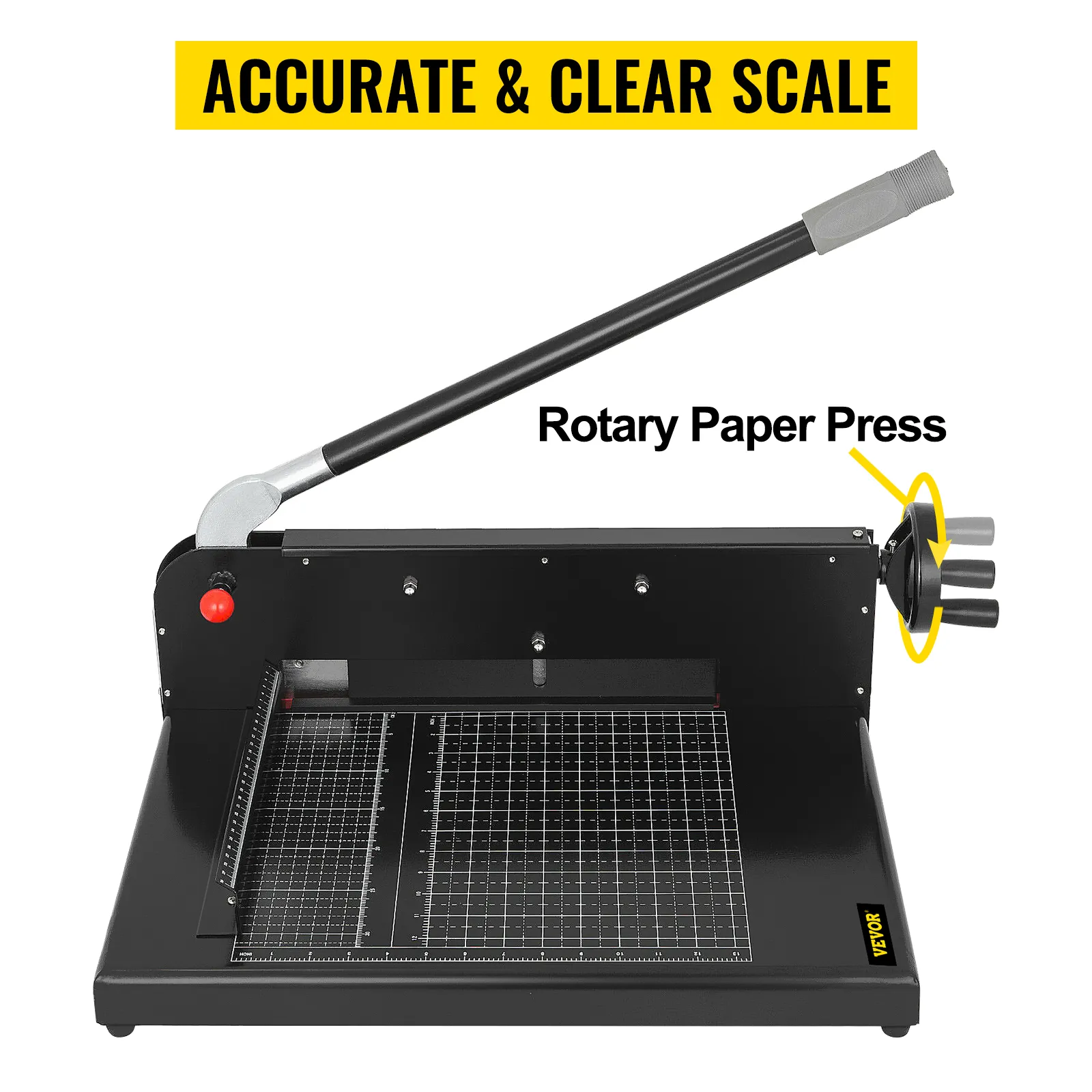 VEVOR paper cutter with accurate scale and rotary paper press for precise cutting.