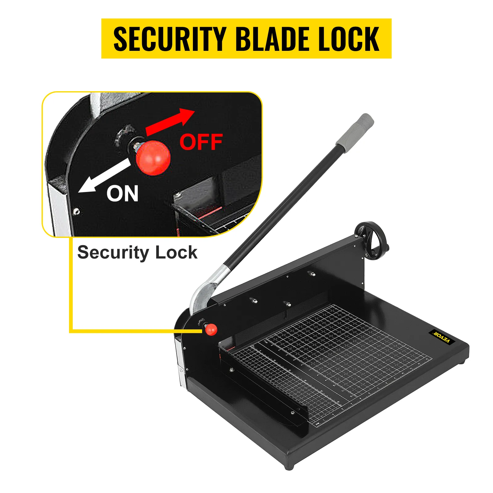 VEVOR paper cutter with security blade lock and on/off switch.