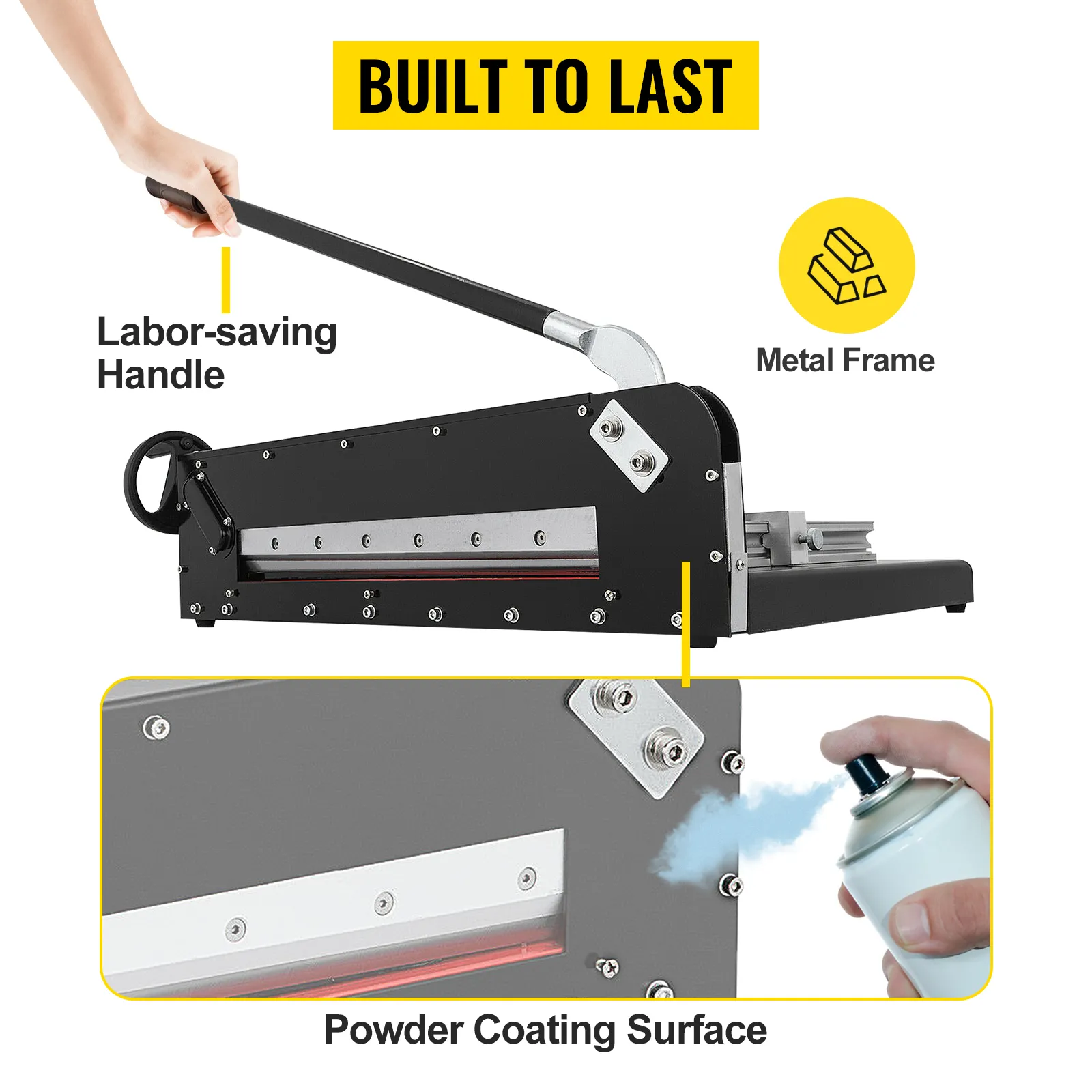 VEVOR paper cutter with a metal frame, labor-saving handle, and powder coating surface.