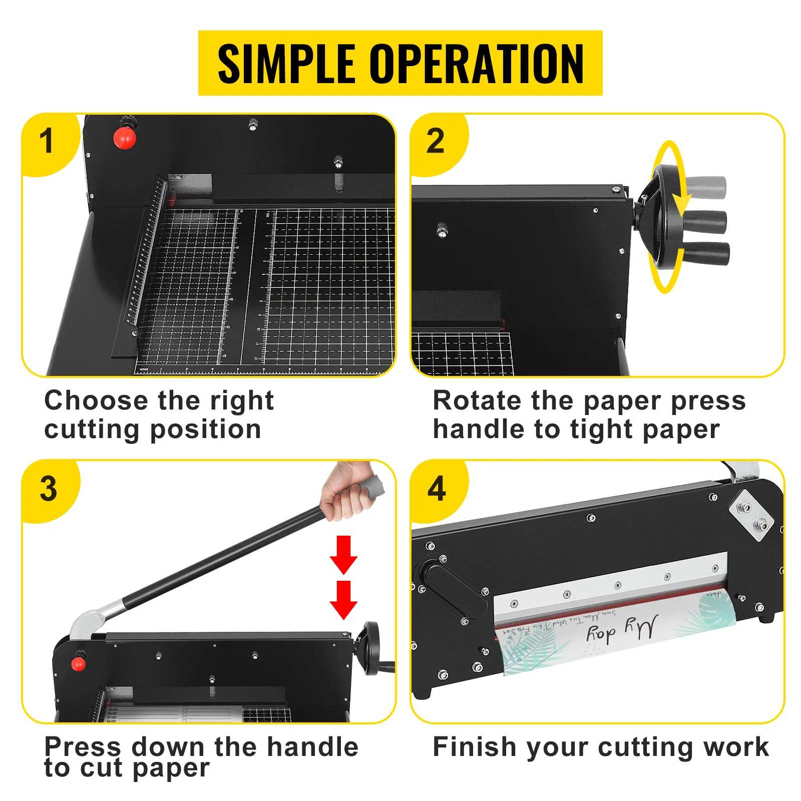 steps to operate the VEVOR paper cutter: choose position, tighten paper, cut, finish.