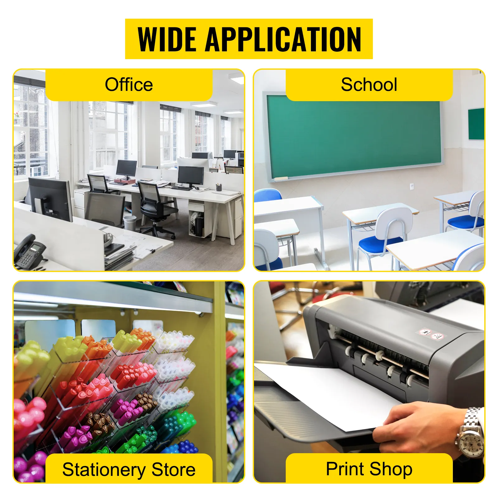 wide application for VEVOR paper cutter in office, school, stationery store, and print shop.
