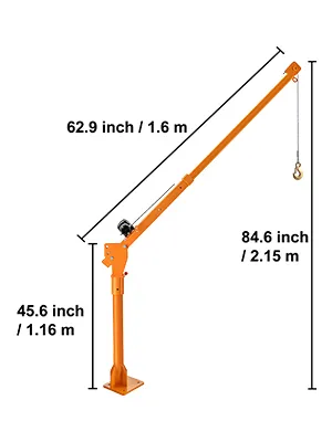 Grúa pescante VEVOR de 2200 libras, color naranja, brazo de 62,9 pulgadas, altura de 84,6 pulgadas y base de 45,6 pulgadas.