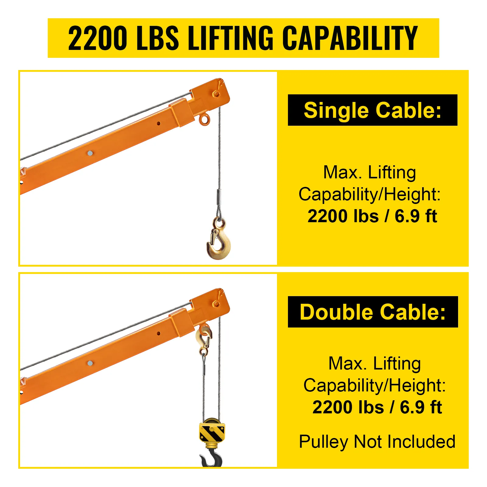 Grúa pescante VEVOR de 2200 libras con configuraciones de cable simple y doble.