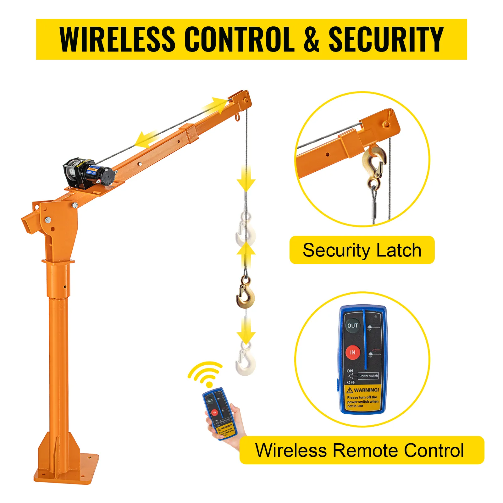 Grúa pescante VEVOR naranja de 2200 libras con pestillo de seguridad y control remoto inalámbrico.