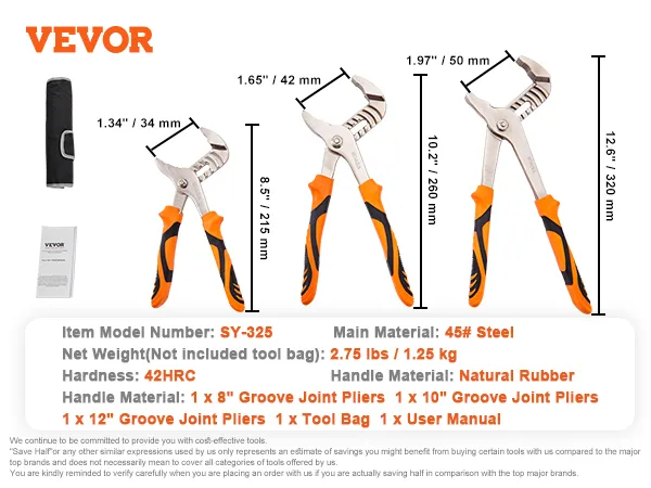 VEVOR groove joint pliers set with handle measurements, steel material, and tool bag details.