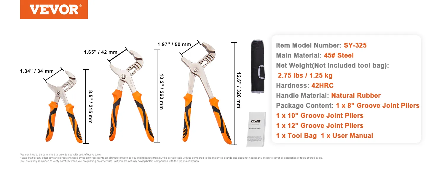 VEVOR groove joint pliers set with handle measurements, steel material, and tool bag details.