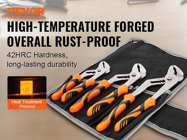 VEVOR groove joint pliers, high-temp forged, rust-proof, 42hrc hardness for long-lasting durability.