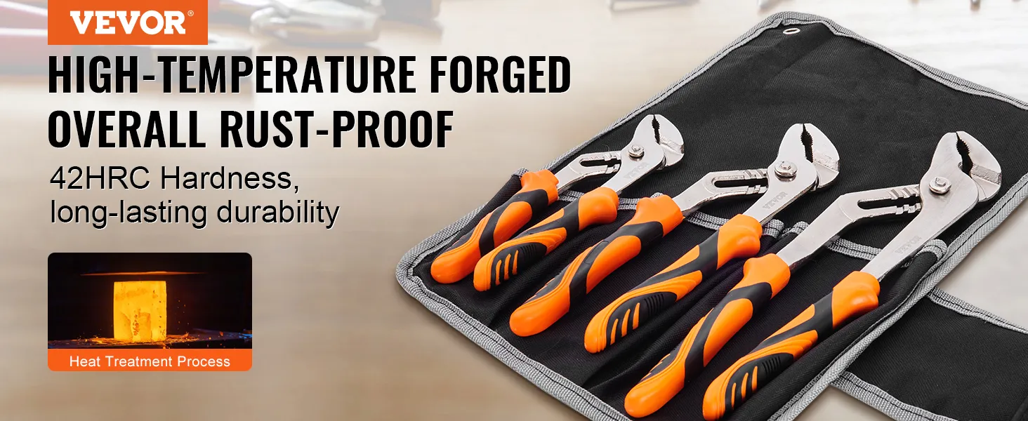VEVOR groove joint pliers, high-temp forged, rust-proof, 42hrc hardness for long-lasting durability.