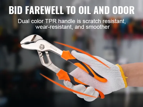 VEVOR groove joint pliers with dual-color tpr handles, held by a gloved hand in a workshop setting.
