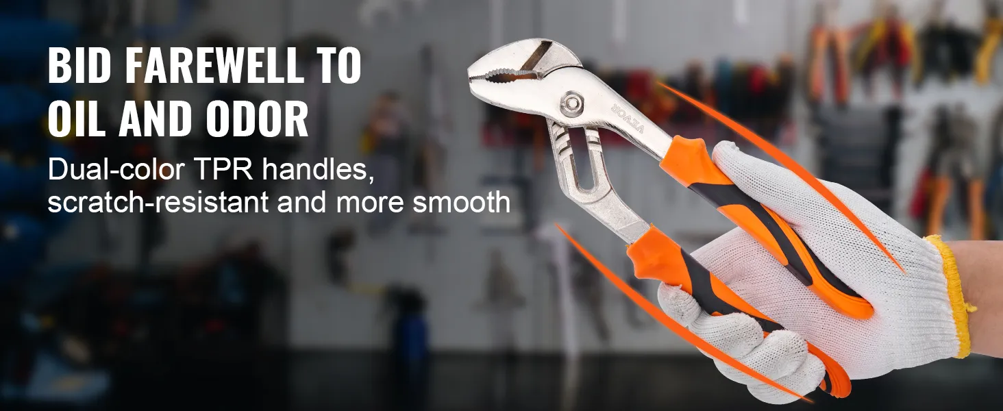 VEVOR groove joint pliers with dual-color tpr handles, held by a gloved hand in a workshop setting.
