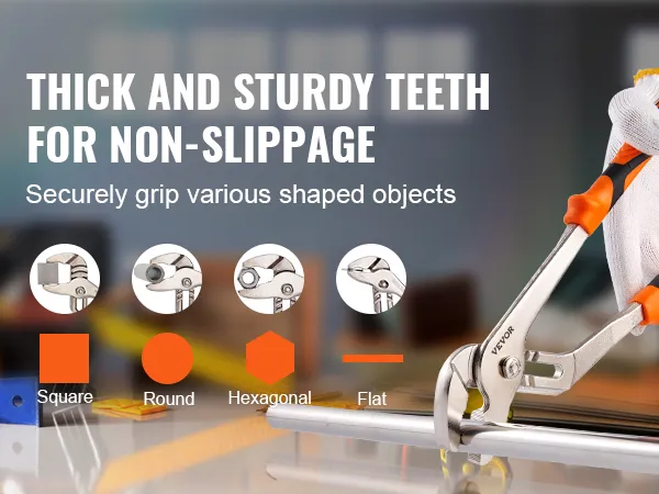 VEVOR groove joint pliers gripping a pipe, showcasing thick and sturdy teeth for non-slippage.