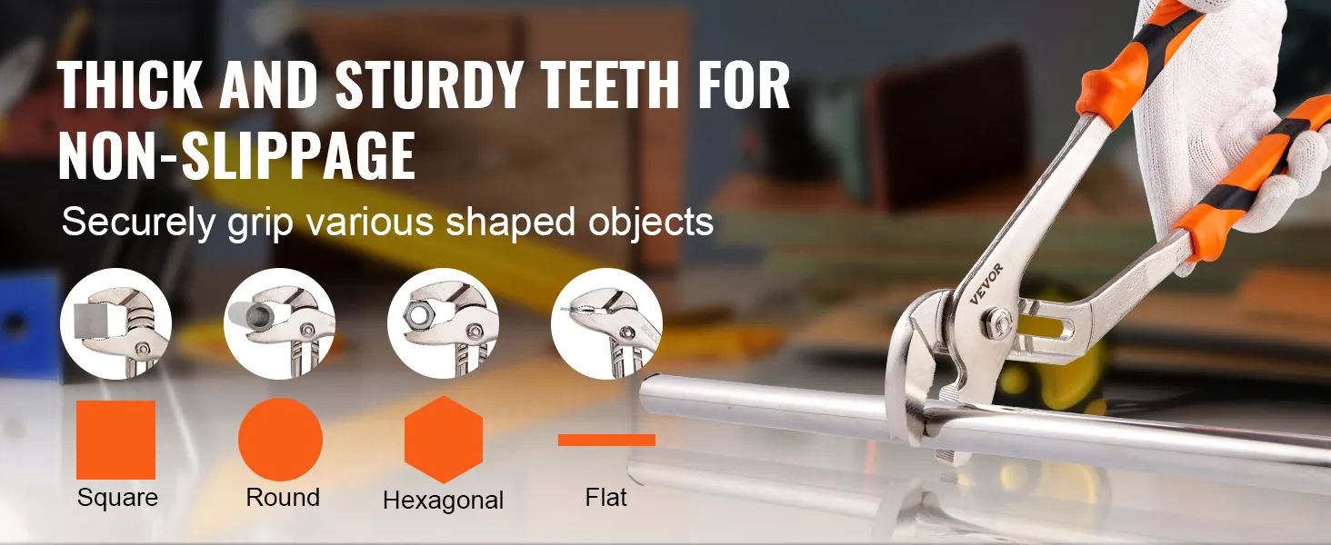 VEVOR groove joint pliers gripping a pipe, showcasing thick and sturdy teeth for non-slippage.