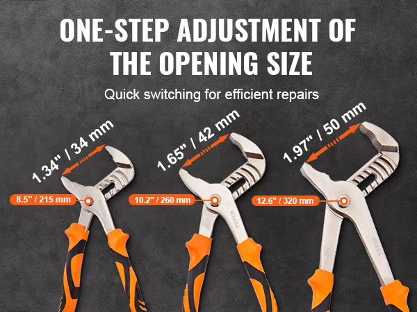 VEVOR groove joint pliers with adjustable sizes: 8.5", 10.2", and 12.6" for efficient repairs.