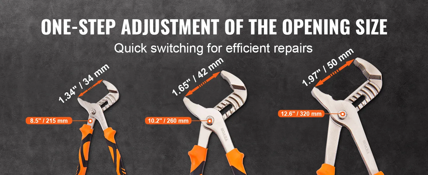 VEVOR groove joint pliers with adjustable sizes: 8.5", 10.2", and 12.6" for efficient repairs.