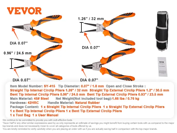 VEVOR snap ring pliers set with four pliers, black and orange handles, tool bag, and user manual.