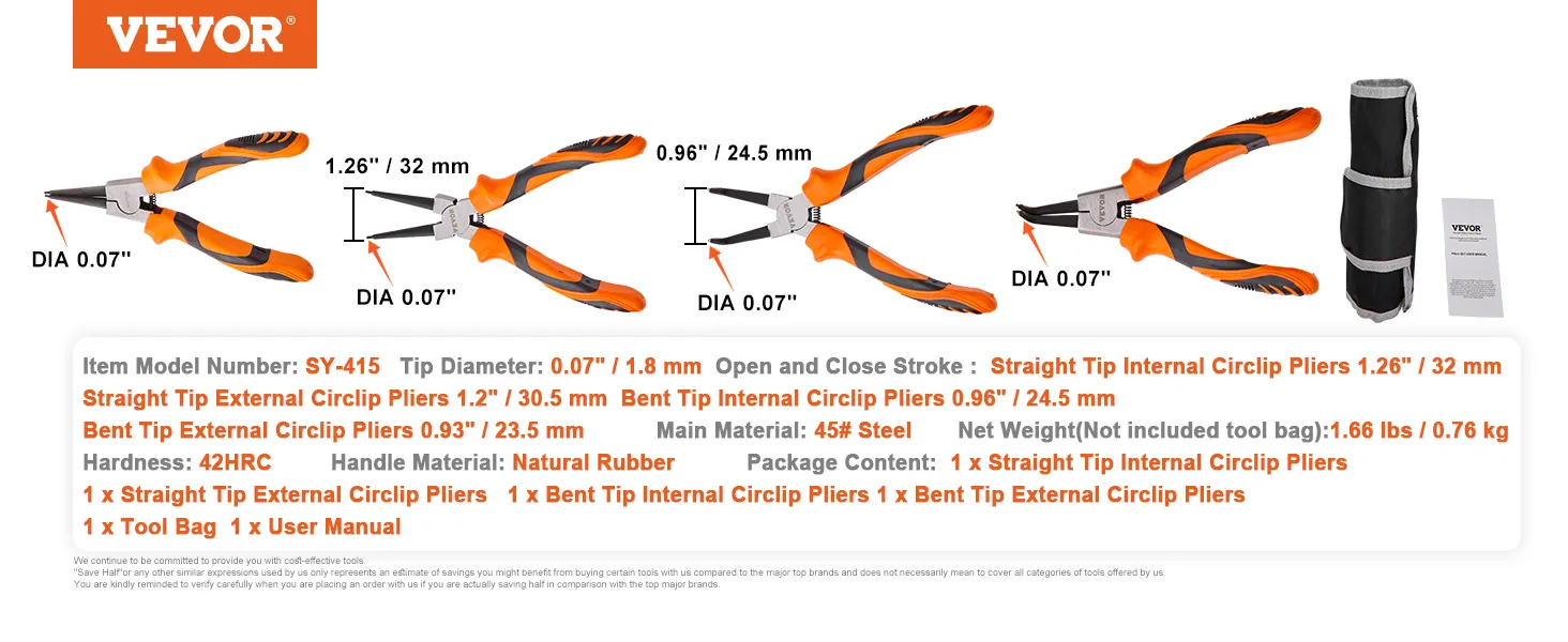 VEVOR snap ring pliers set with four pliers, black and orange handles, tool bag, and user manual.