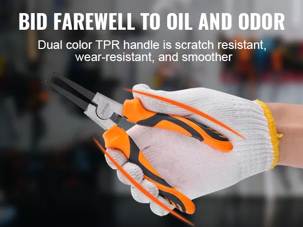 gloved hand holding VEVOR snap ring pliers set with dual-color tpr handles in a workshop.