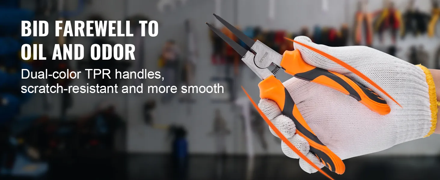 gloved hand holding VEVOR snap ring pliers set with dual-color tpr handles in a workshop.