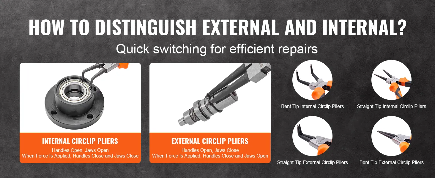 how to distinguish between external and internal pliers for quick repairs using the VEVOR snap ring pliers set.