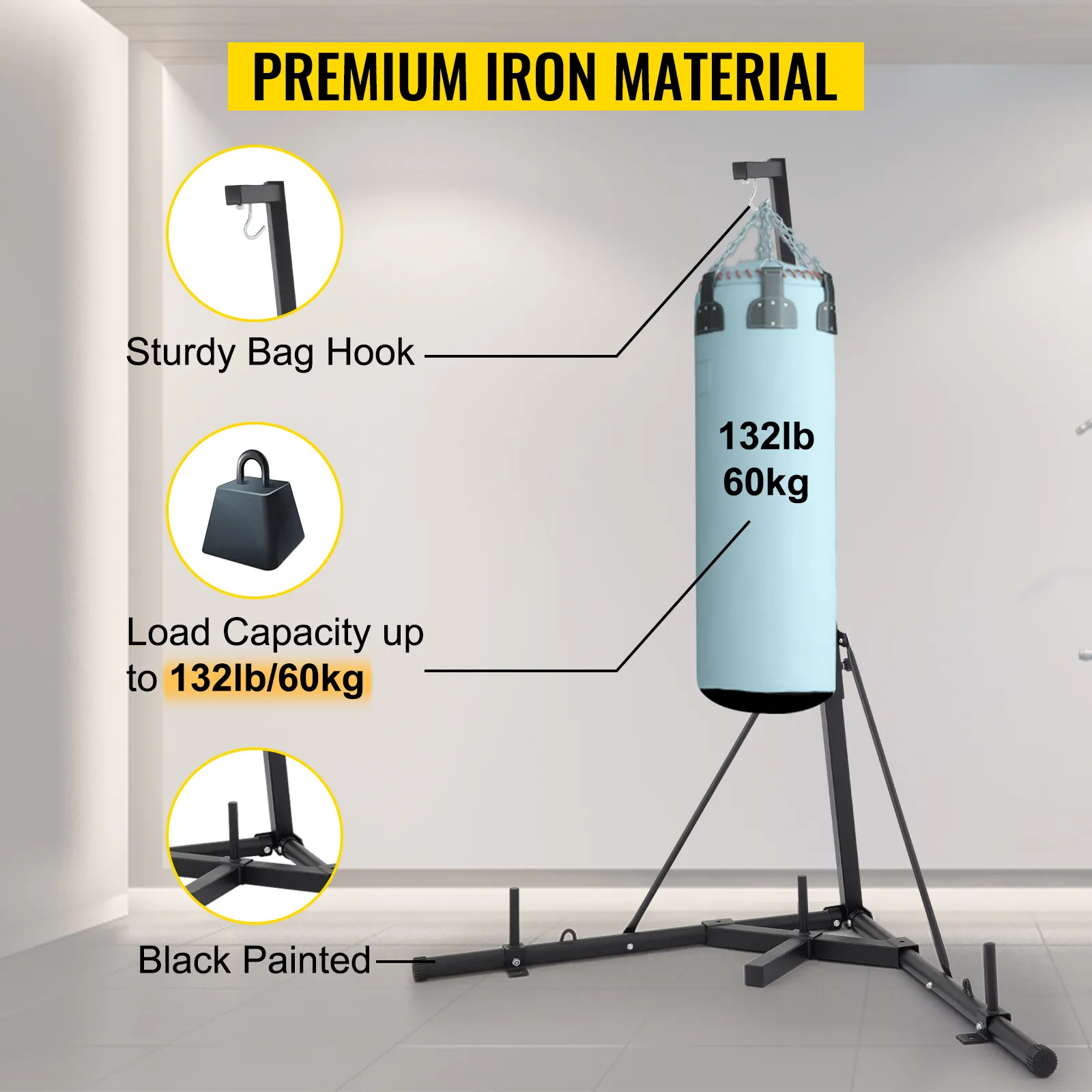 Stojak na worek treningowy VEVOR wykonany z najwyższej jakości żelaza, z wytrzymałym hakiem, udźwig 132 funtów.