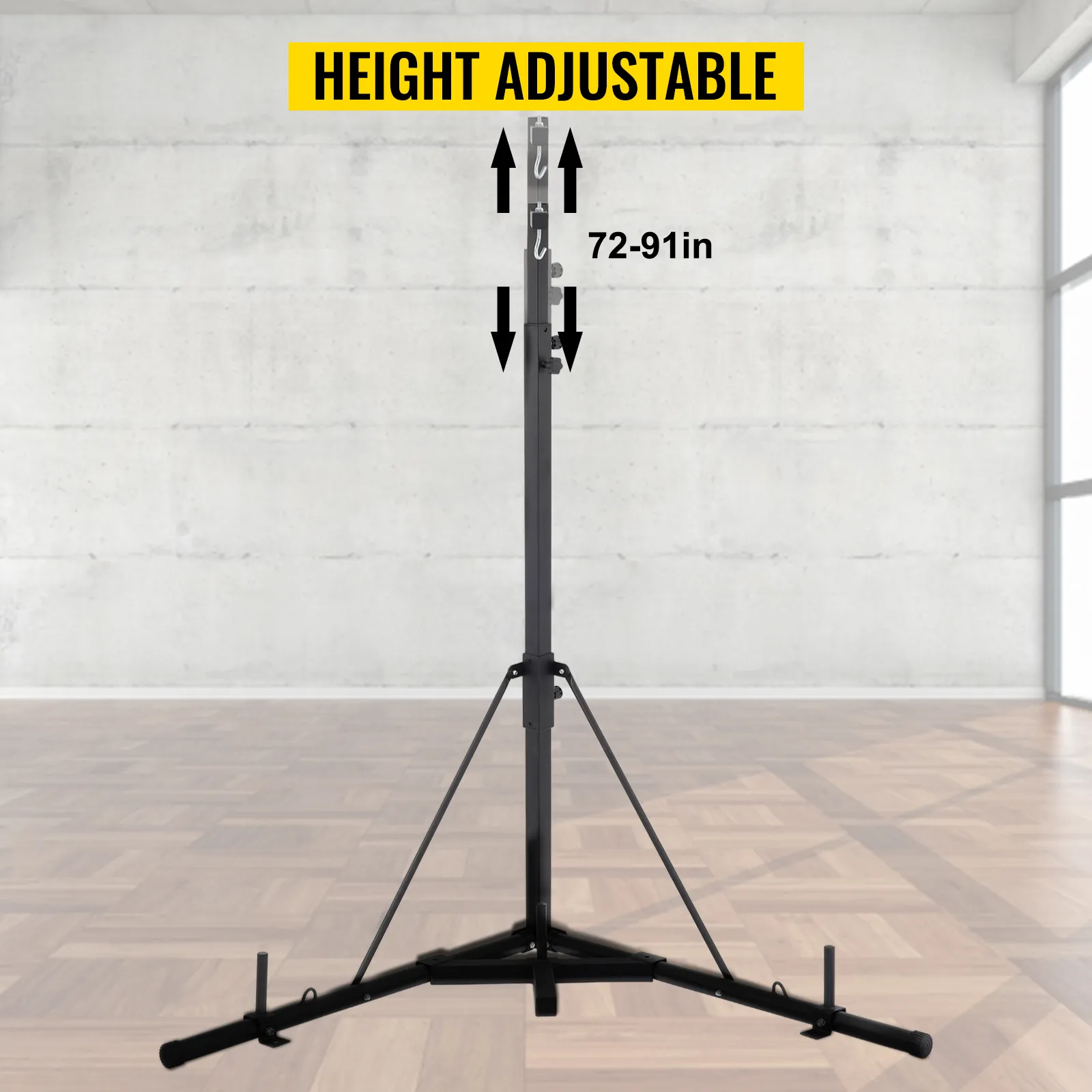 Stojak na worek treningowy VEVOR z regulacją wysokości, 72-91 cali, w nowoczesnym pomieszczeniu.