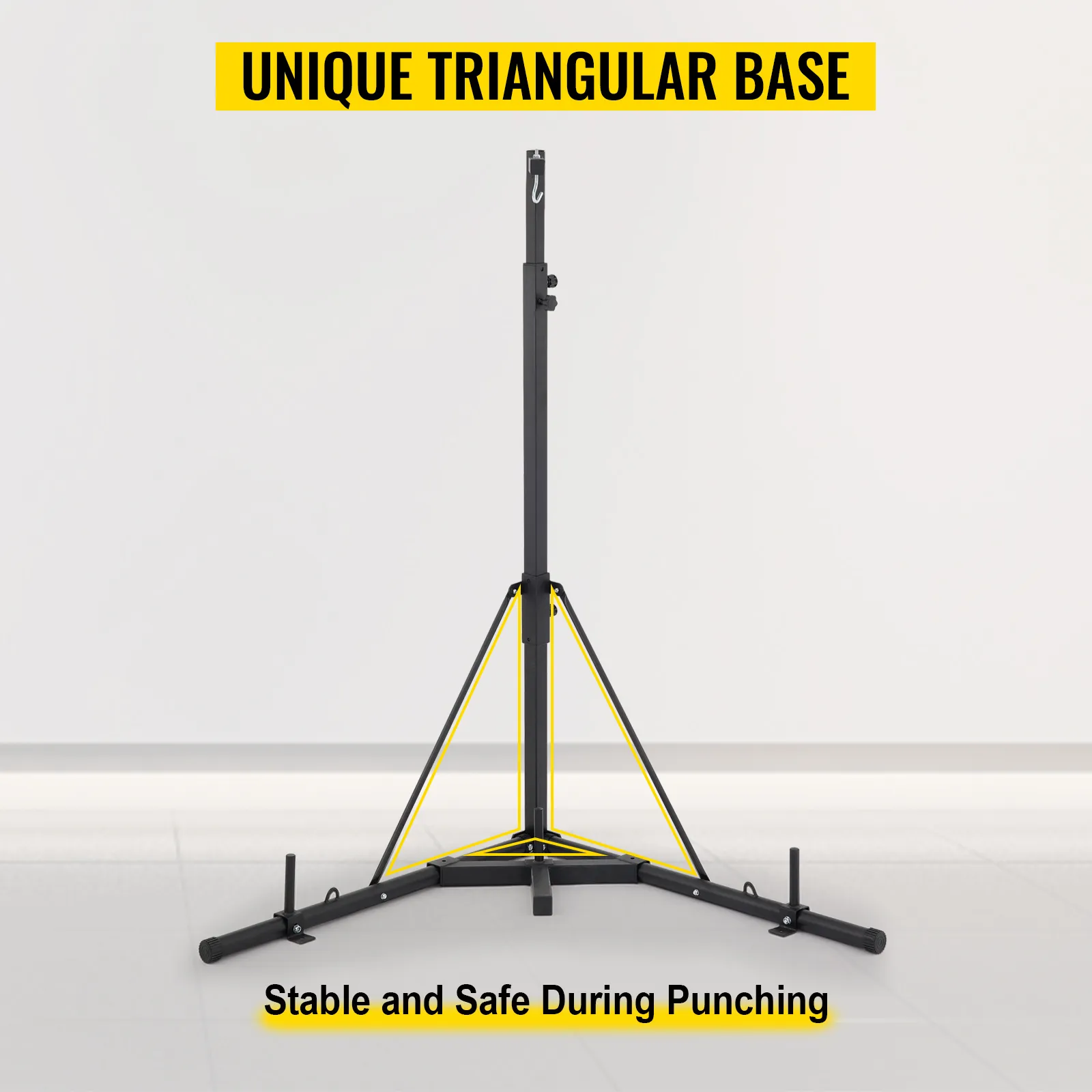 Stojak na worek treningowy VEVOR z wyjątkową trójkątną podstawą zapewniającą stabilność i bezpieczeństwo podczas uderzeń.