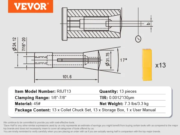 VEVOR r8 collet set diagram with dimensions, specifications, and package contents. 13 pieces included.
