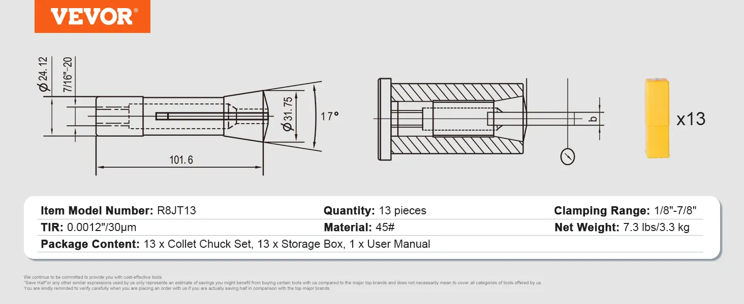 VEVOR r8 collet set diagram with dimensions, specifications, and package contents. 13 pieces included.