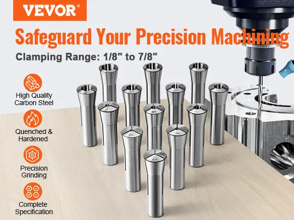 VEVOR r8 collet set: high-quality carbon steel, clamping range 1/8" to 7/8", precision machining.
