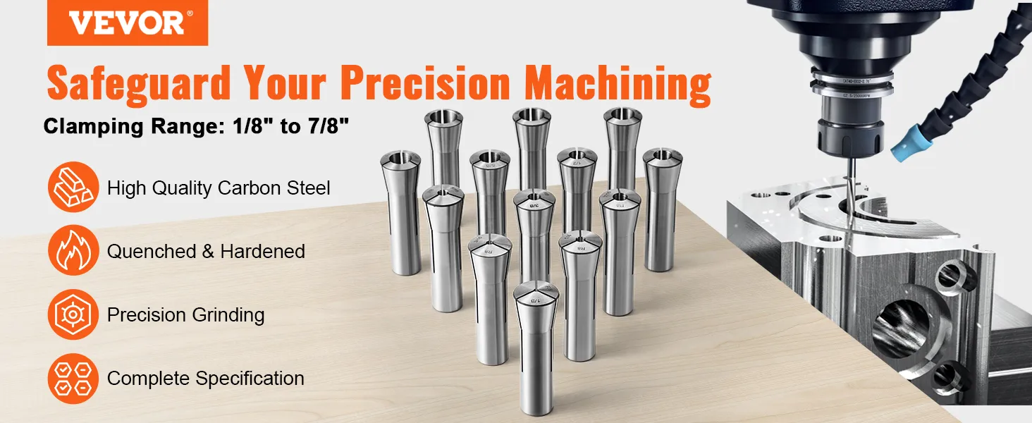 VEVOR r8 collet set: high-quality carbon steel, clamping range 1/8" to 7/8", precision machining.
