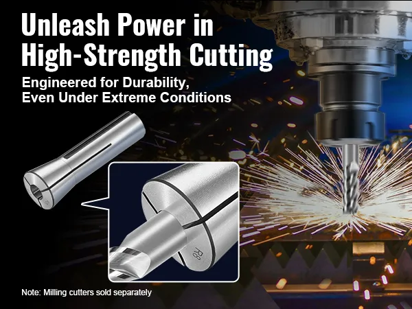 VEVOR r8 collet set showcasing high-strength cutting tools amidst sparks and a milling machine.