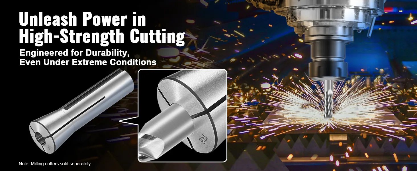 VEVOR r8 collet set showcasing high-strength cutting tools amidst sparks and a milling machine.