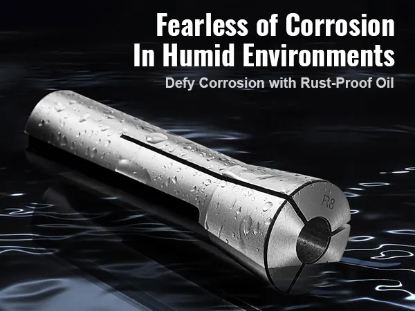 VEVOR r8 collet set with water droplets, featuring anti-corrosion text on a dark background.