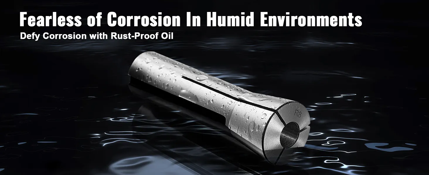 VEVOR r8 collet set with water droplets, featuring anti-corrosion text on a dark background.