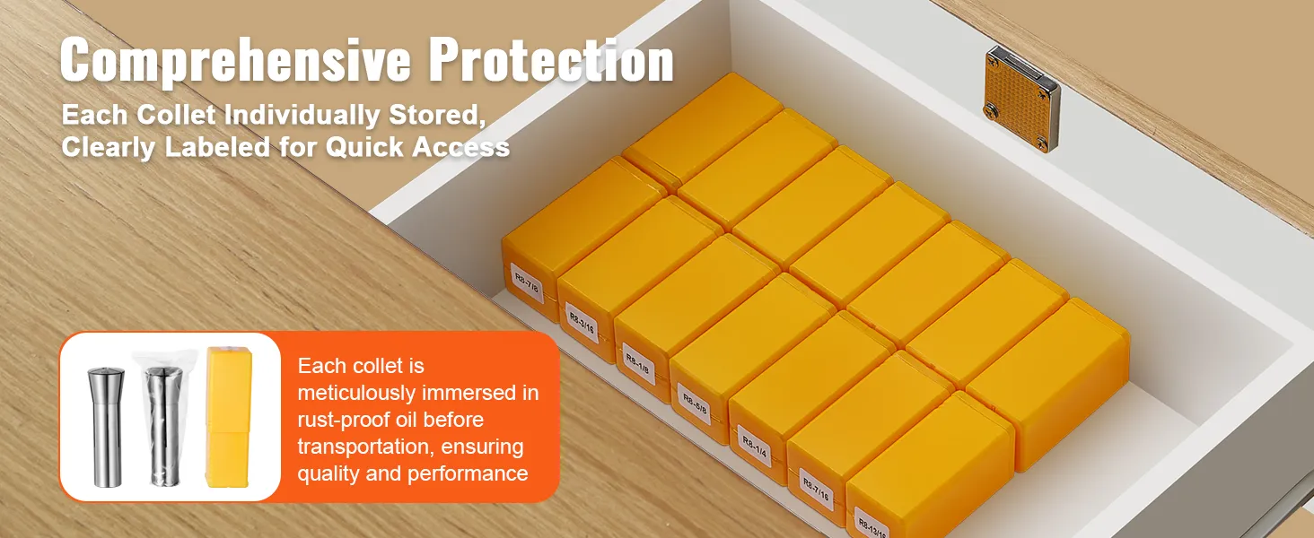 VEVOR r8 collet set with labeled yellow storage boxes in a white drawer for easy access and protection.