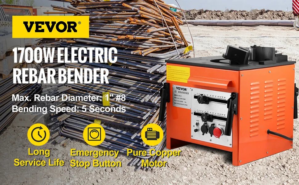 VEVOR rebar bender with 1700w motor, 1" max diameter, and 5-second bending speed.